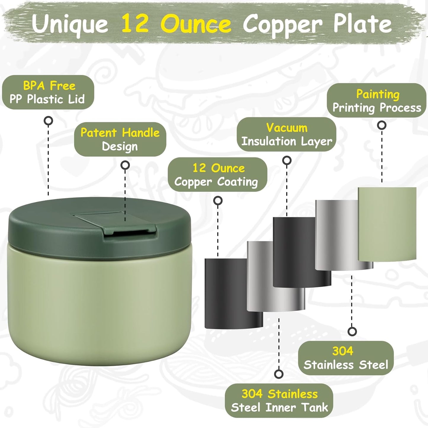 12oz Insulated Vacuum Food Jar with Buckle Lid Wide Mouth Soup Thermo for Hot Food Kids Leakproof Stainless Steel Lunch Container- Green- 1Pack