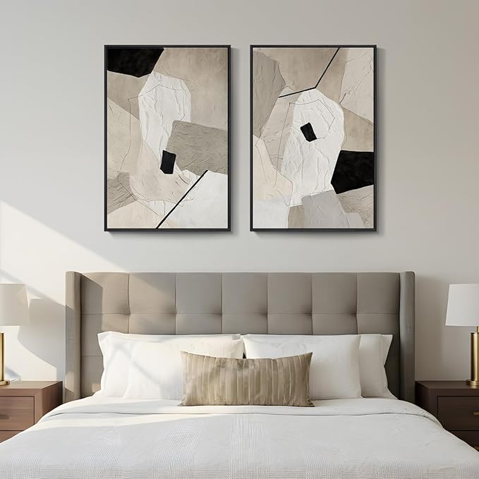 Framed Neutral Beige and Black Abstract Wall Art - Image 3