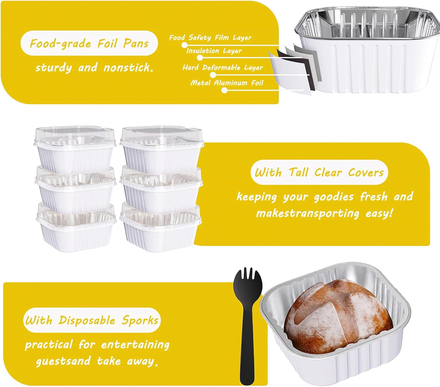 25 Pack Square Mini Cake Pans with Lids,Mini Loaf Pans with Lids,Aluminum Foil Baking Cups,Disposable Ramekins Cupcake Cups,Dessert Cups for Wedding Birthday Party Picnics,5oz (White)