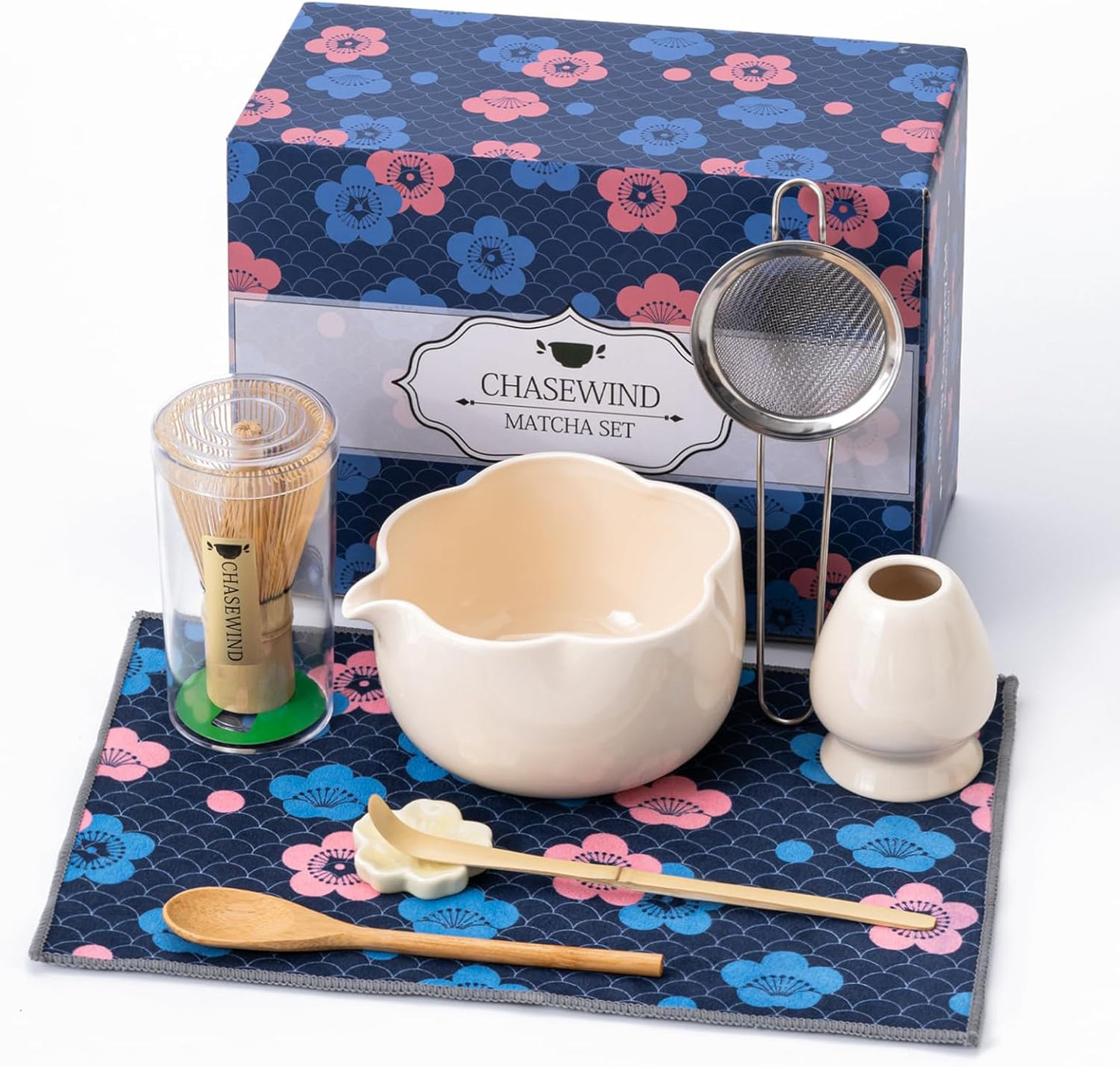 Matcha Set, 8Pcs Floral Ceramic Matcha Set with Matcha Whisk, Holder, Scoop, Scoop Rest, Sifter, Spoon and Tea Towel - Thoughtful Matcha Whisk Set Gift for Matcha Lovers (Beige)