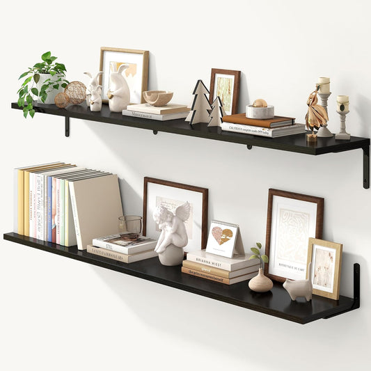 Fun Memories Deep Floating Shelves, 55W x 8D Floating Shelves Set of 2, Wall Mounted Shelf with Metal Brackets, Rustic Wood Wall Shelf for Bathroom, Kitchen and Living Room, Black