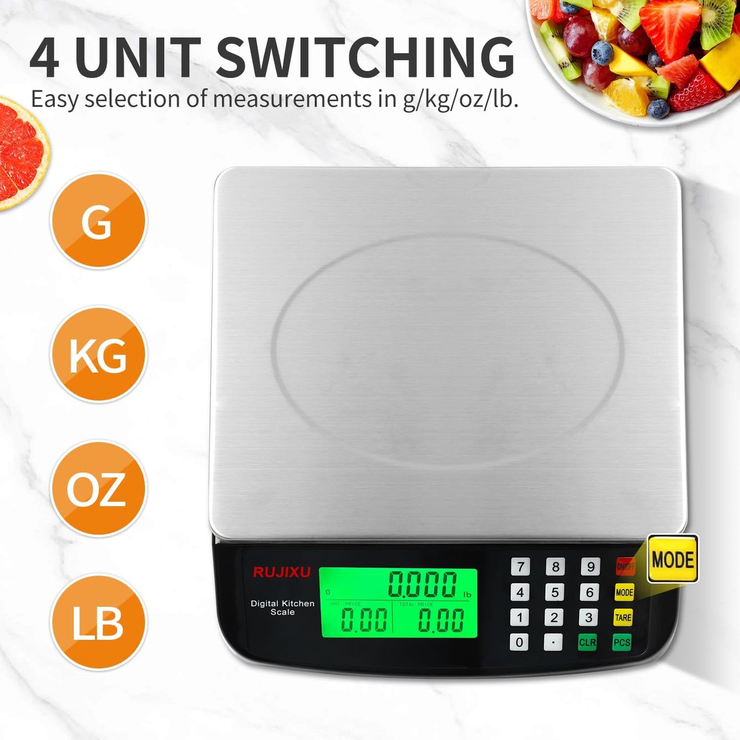 Large Digital Kitchen Scale Black 30kg/66lb Commercial Food Scale Stainless Steel with LCD Display Price Computing Scale for Restaurant Baking Bread Meat Prep Counting Scale for Parts and Coins