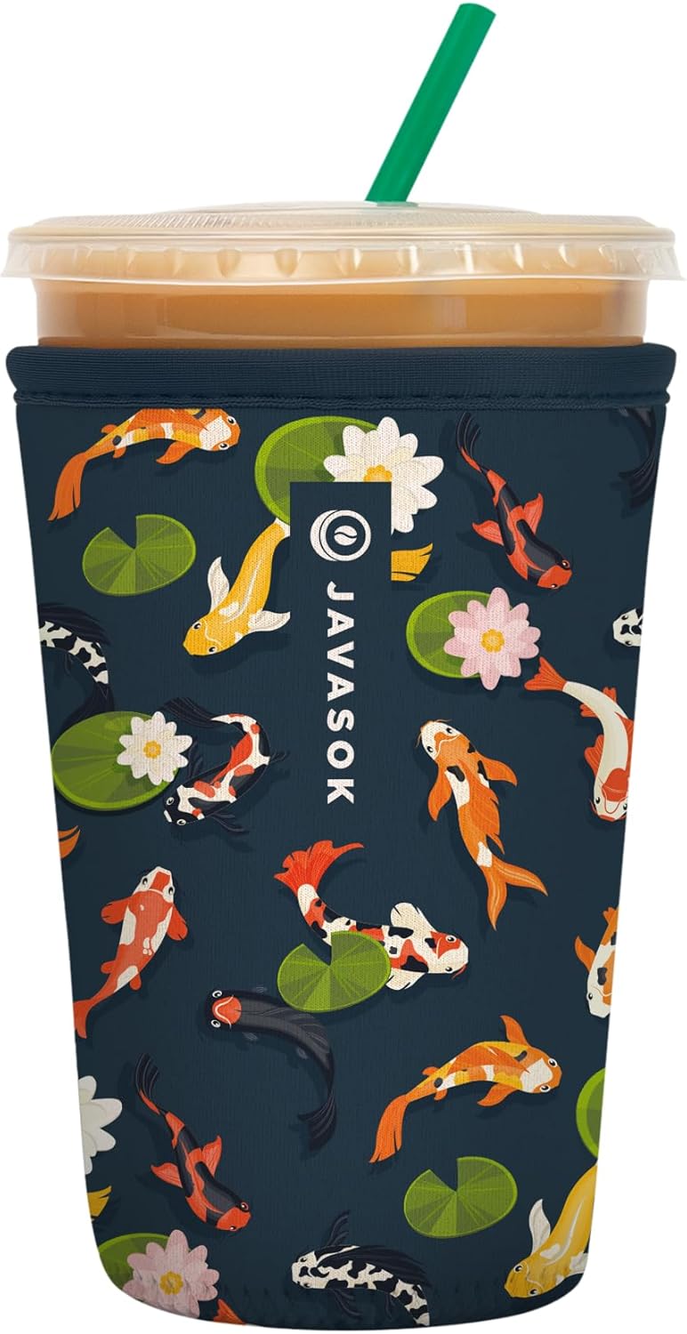 Sok It JavaSok Iced Coffee & Cold Soda Insulated Neoprene Cup Sleeve (Koi Garden, Medium: 22-28oz)