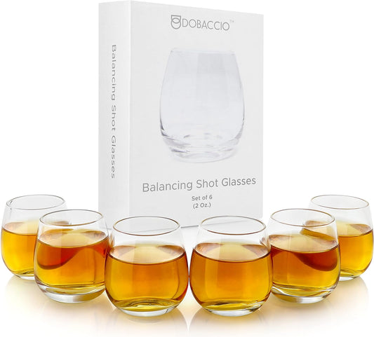 Cool Shot Glasses Set, Round Bottom Balancing Heavy Base Clear Glass, Tequila Vodka Scotch and Liquor Cordial Mini Cups, 2 oz, 6 pcs Gift set