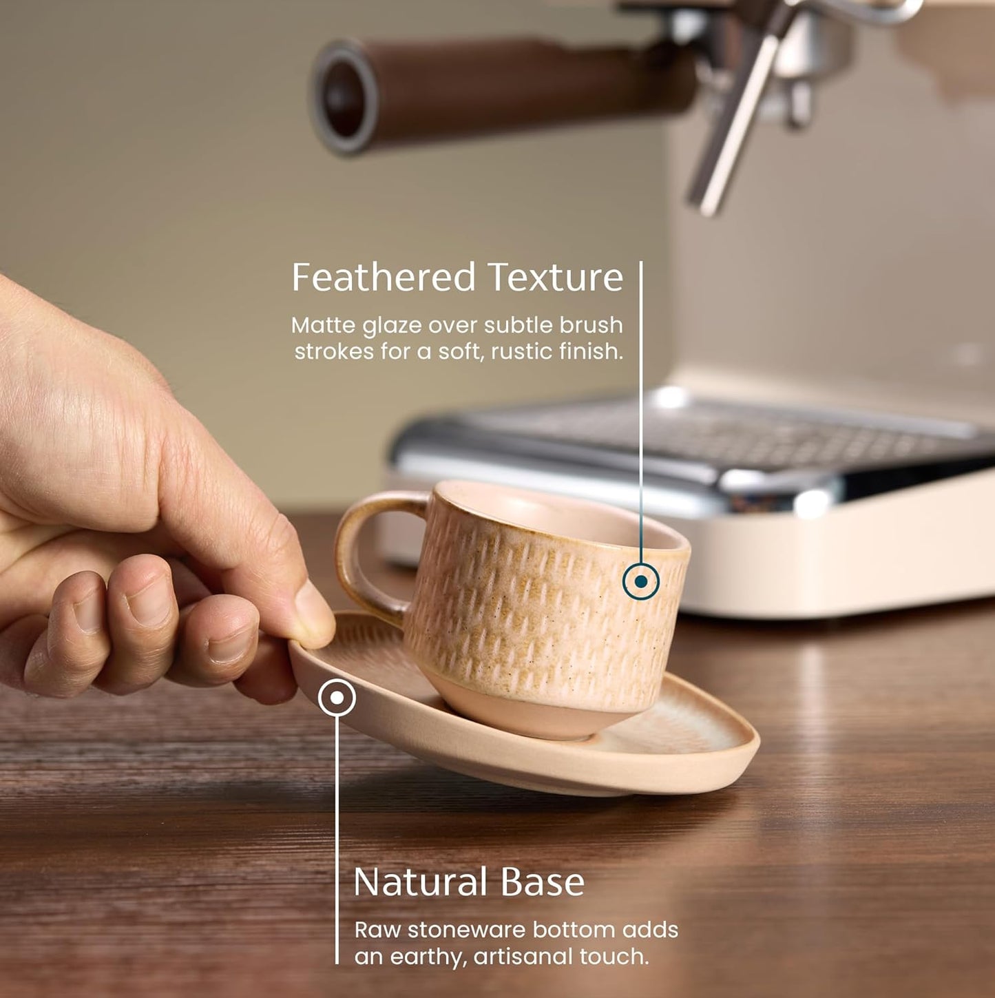 KooK Espresso Mug and Saucer Set, Ceramic Cups and Plates with Rustic Organic Shape and Feathered Texture, Dishwasher and Microwave Safe, 2.7 oz, Set of 4, Neutral Multicolor