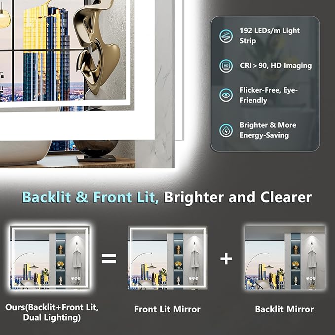 44x30 LED Bathroom Mirror with Lights, Backlit and Front Lit Anti-Fog Lighted - Image 3