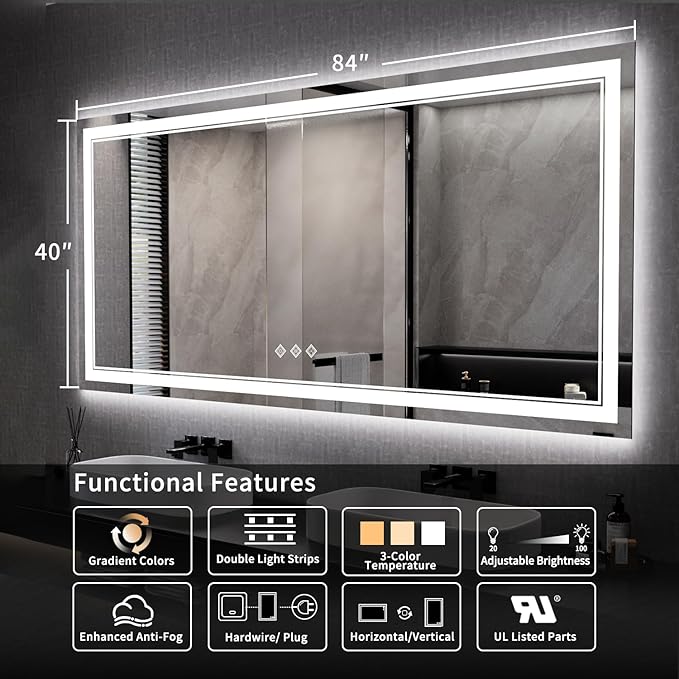 Big Bathroom Mirror, 84x40 Inch Gradient Front and Backlit Lighted Mirror - Image 2