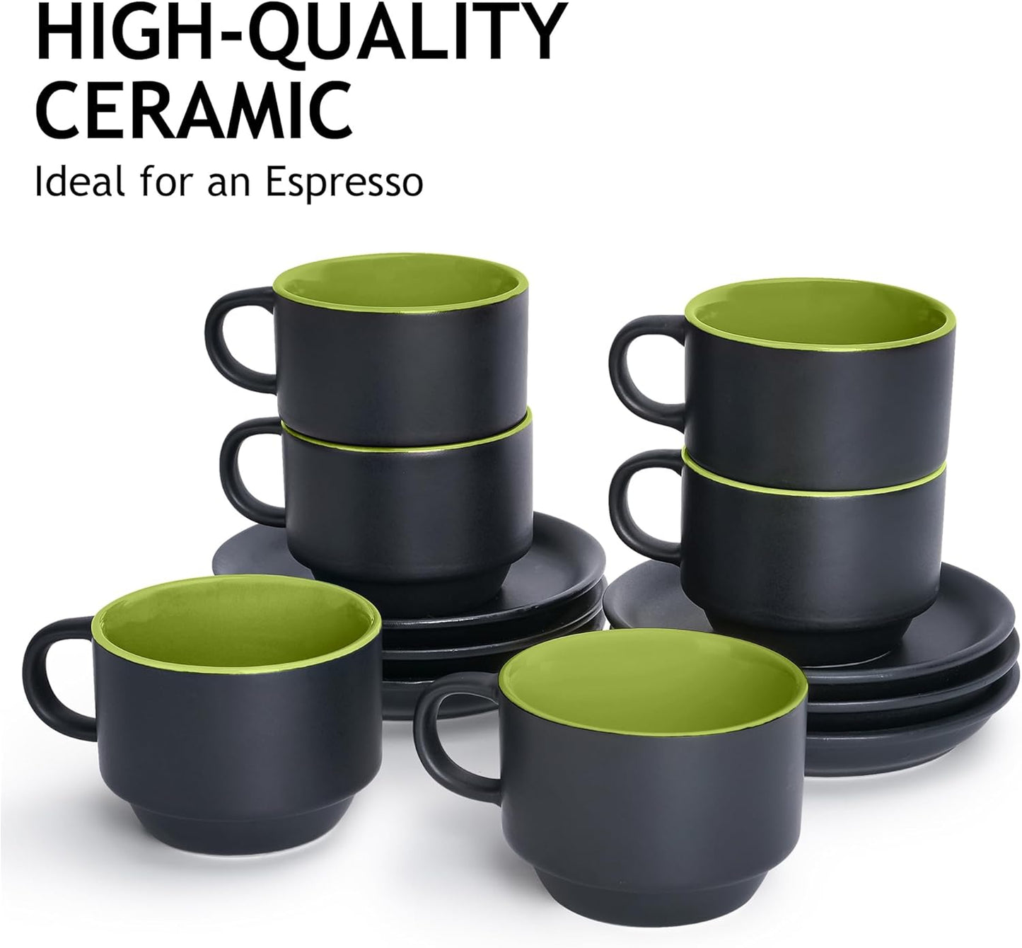 MIAMIO - 2.5 oz Espresso Cup Set with Saucers Set of 6 - Ceramic Coffee Mug Stackable Espresso Mug with Stand for Coffee Drinks, Latte, Cafe Mocha - Le Papillon Collection (Green)