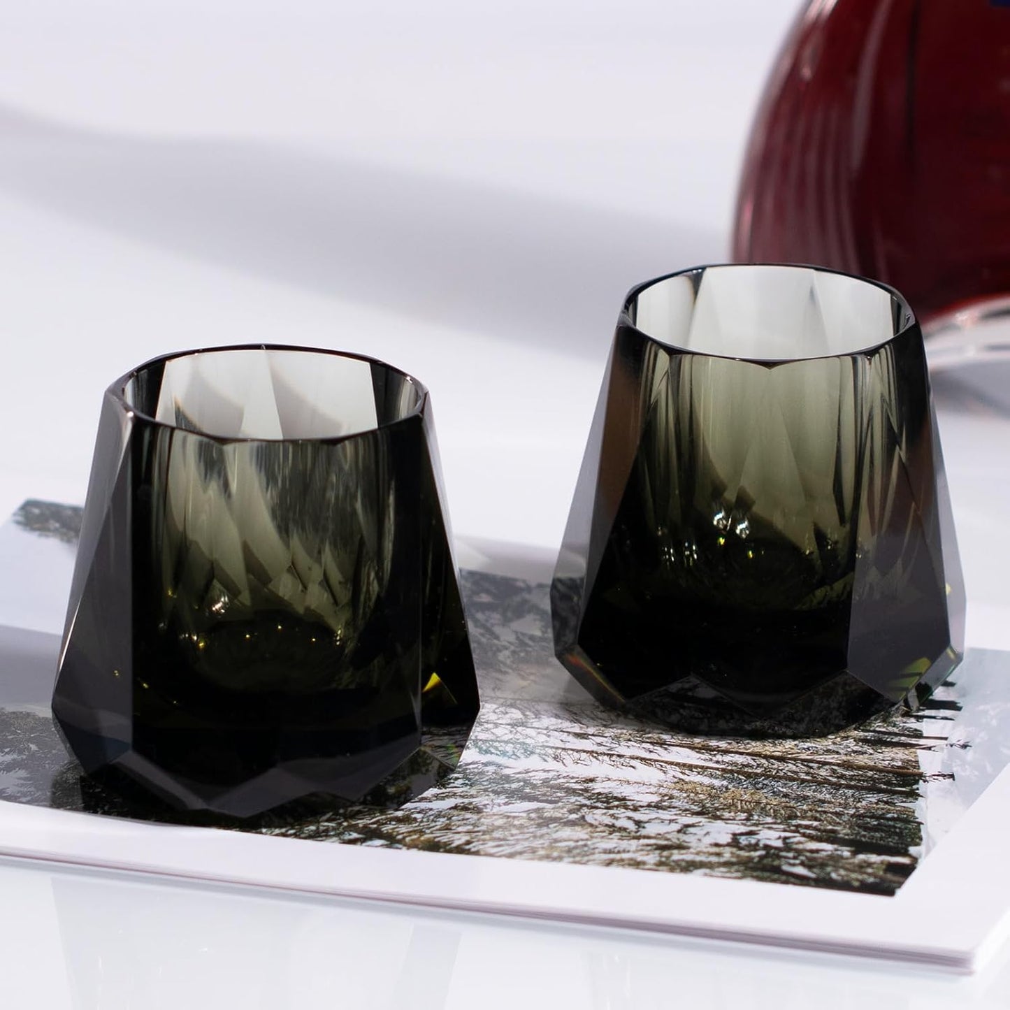 KAMMAK Crystal Whiskey Glasses Set of 2, 5.3oz Old Fashioned Glasses Stemless, Hand Blown Colored Cocktail Glasses, Engagement Gifts for Couples, Women, Men