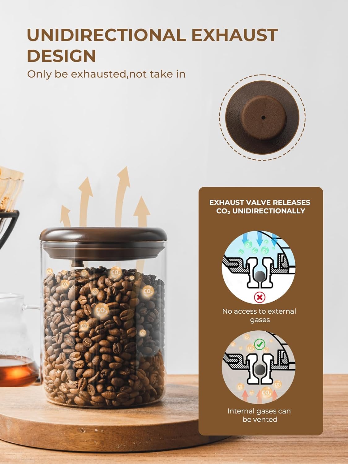 Borosilicate Glass Coffee Jar 600 ml – Pop Top Airtight Coffee Canister with CO2-Release Valve, 7 Oz Coffee Container for Ground Coffee, Brown