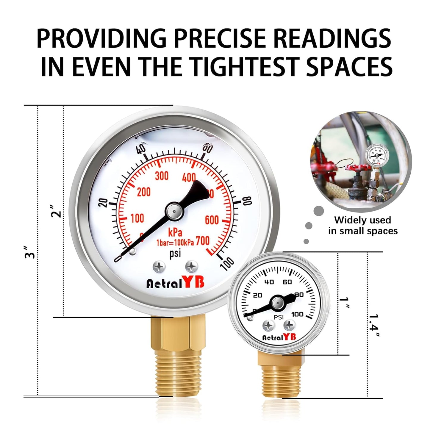 1 Inch Mini Pressure Gauge, 0-100 PSI Gauge, 1/8” NPT Lower Mount, Stainless Steel Case, Brass Internal, ±2.5% Accuracy, Pressure Gauge for Coffee Machines, Air Compressors, and Water Pumps
