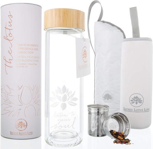 Sacred Lotus Love Double-Walled Glass Tea Tumbler with Infuser and Strainer 15oz - Perfect for Loose Leaf Tea, Cold or Hot Water Bottle, Fruit Drinks - Comes with Travel Sleeve and Cozy