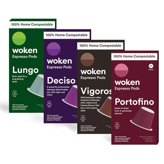 Woken Coffee Compostable Nespresso Pods Variety Pack - Dark and Medium Roast Italian Espresso Compostable Coffee Pods Compatible with Nespresso Machine (40 Pod Count, 4 Boxes)