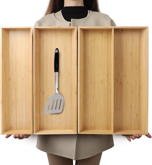 V-Shaped Bamboo Drawer Organizer Set of 3, Kitchen Large and Long Utensil Plate, Flatware & Silverware Storage Box, Wood Drawer Organizer for Bedroom, Living Room (19.6"x5.7" & 7.8" & 12.4")