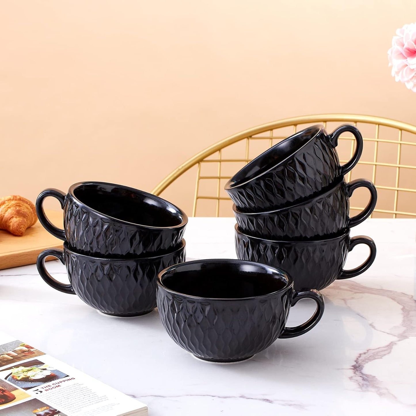 Set of 6 Cups Vintage Design 12 oz Professional Barista Ceramic Latte Art Cappuccino Cups Set (Embossed Black * 6)