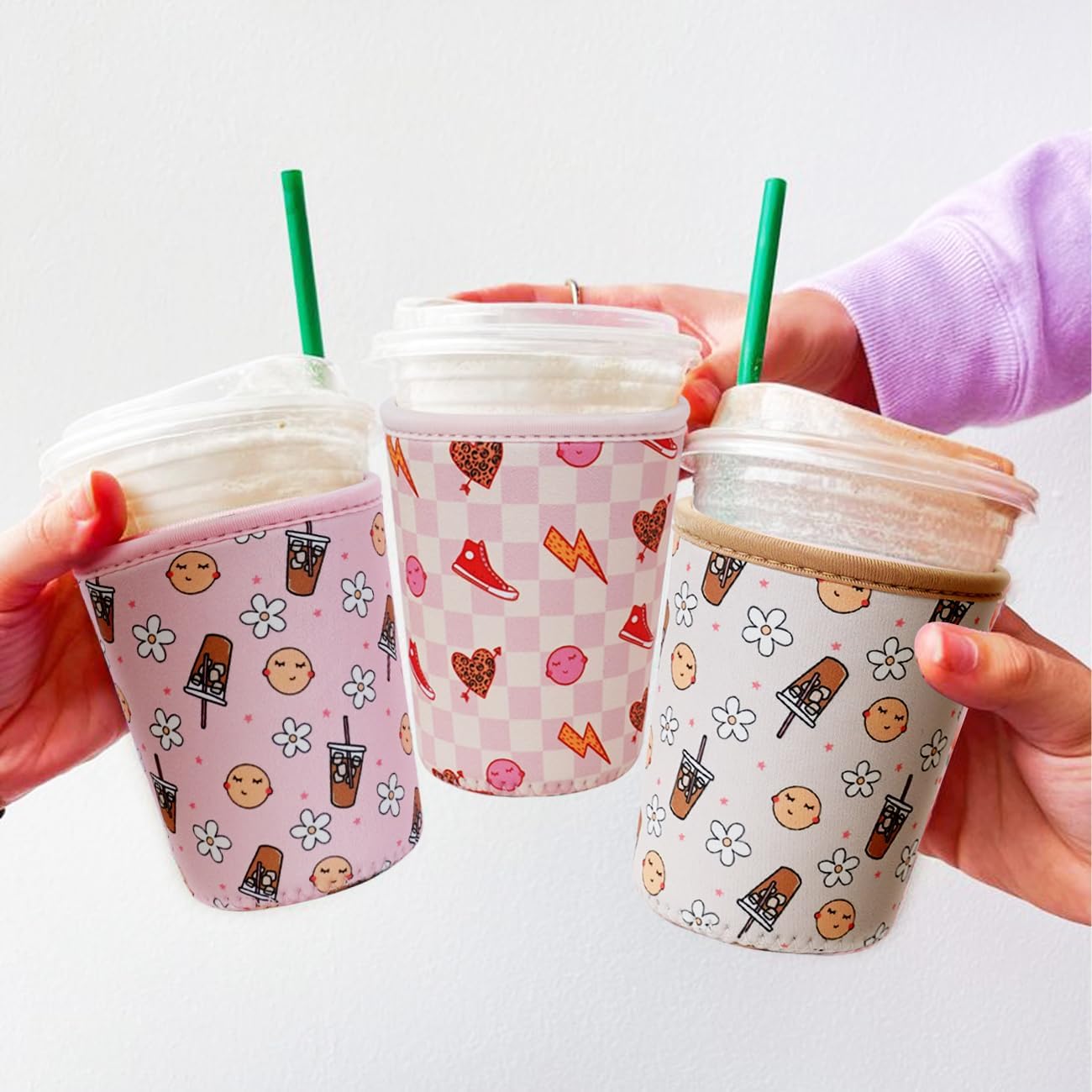 Reusable Insulated Neoprene Iced Coffee Cup Sleeve, Durable Drink Sleeve for Cold Beverages, Beverage Holder for Iced Coffee, Preppy Pink