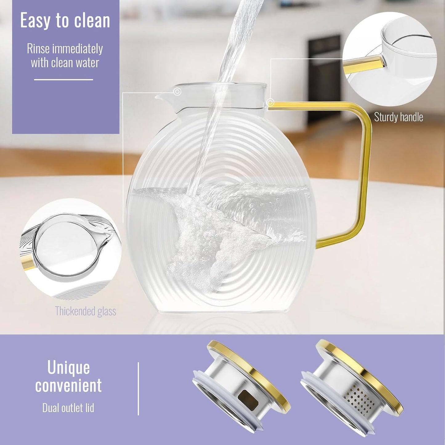 Glass Pitcher With Lid, 2 Liter 68 oz Glass Water Pitchers With handle and lid, 0.528 Gallon Tea Pitcher For Fridge, Carafe Jug Jar For Hot/Cold Water Iced Tea Juice Coffee Milk Beverage