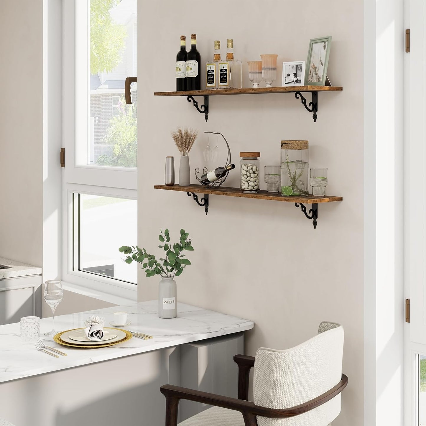 RICHFOCUS Floating Shelves for Wall Decor, 39.4W x 8D Wall Shelves Set of 2, 8 Inch Deep Rustic Wood Shelves Wall Mounted with Brackets, Long Shelves for Living Room Bedroom Kitchen, Rustic Brown