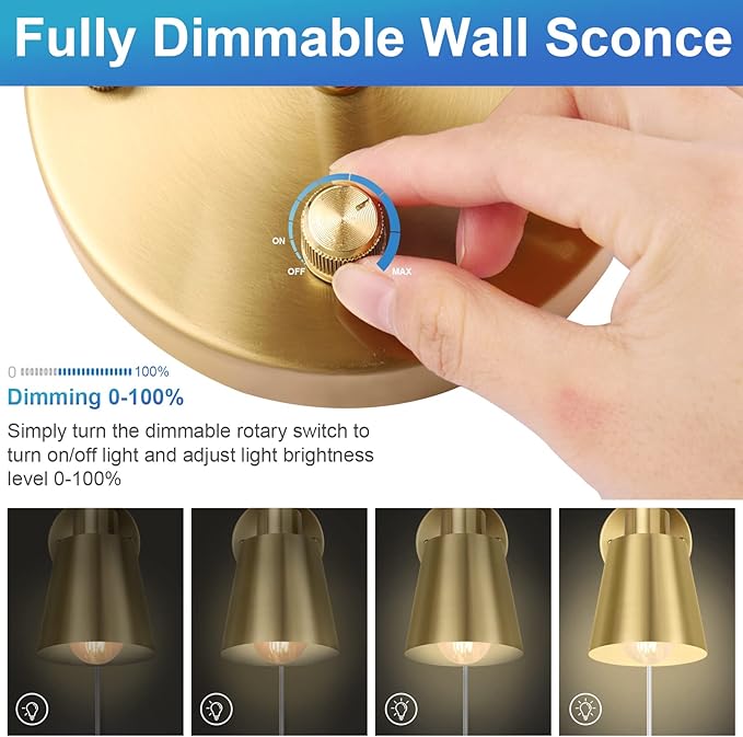 VATONI Dimmable Wall Sconce, Plug in Wall Sconce Adjustable Angle Wall Lights - Image 2