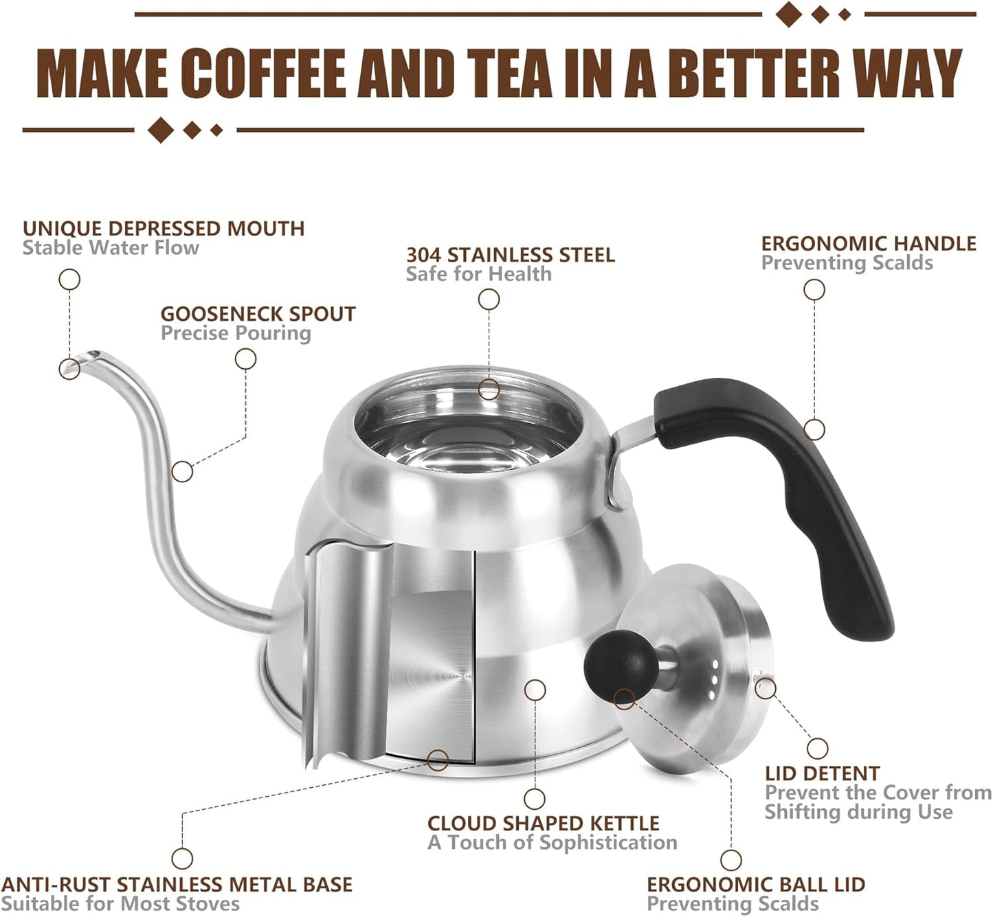 Stainless Steel Tea Kettle 800ml W/O Thermometer Gooseneck Kettle for Stovetop Pour Over Coffee Kettle Precision Pour Drip Spout Tea Pot 28oz,4 Cup,Silver,1Pack