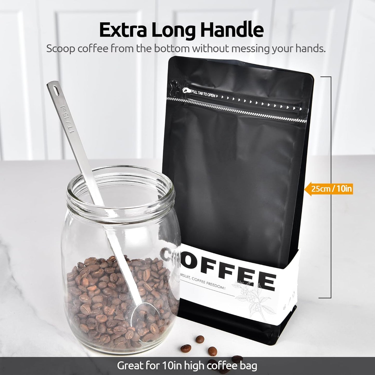 U-Taste Coffee Scoop 1 Tablespoon: 18/8 Stainless Steel Measuring Scooper for Ground Coffee, Bean, Powder, Espresso, 8.5in Extra Long Handle Metal Meaure Spoon for Canister, Jar (1Tbsp/15ml, Silver)