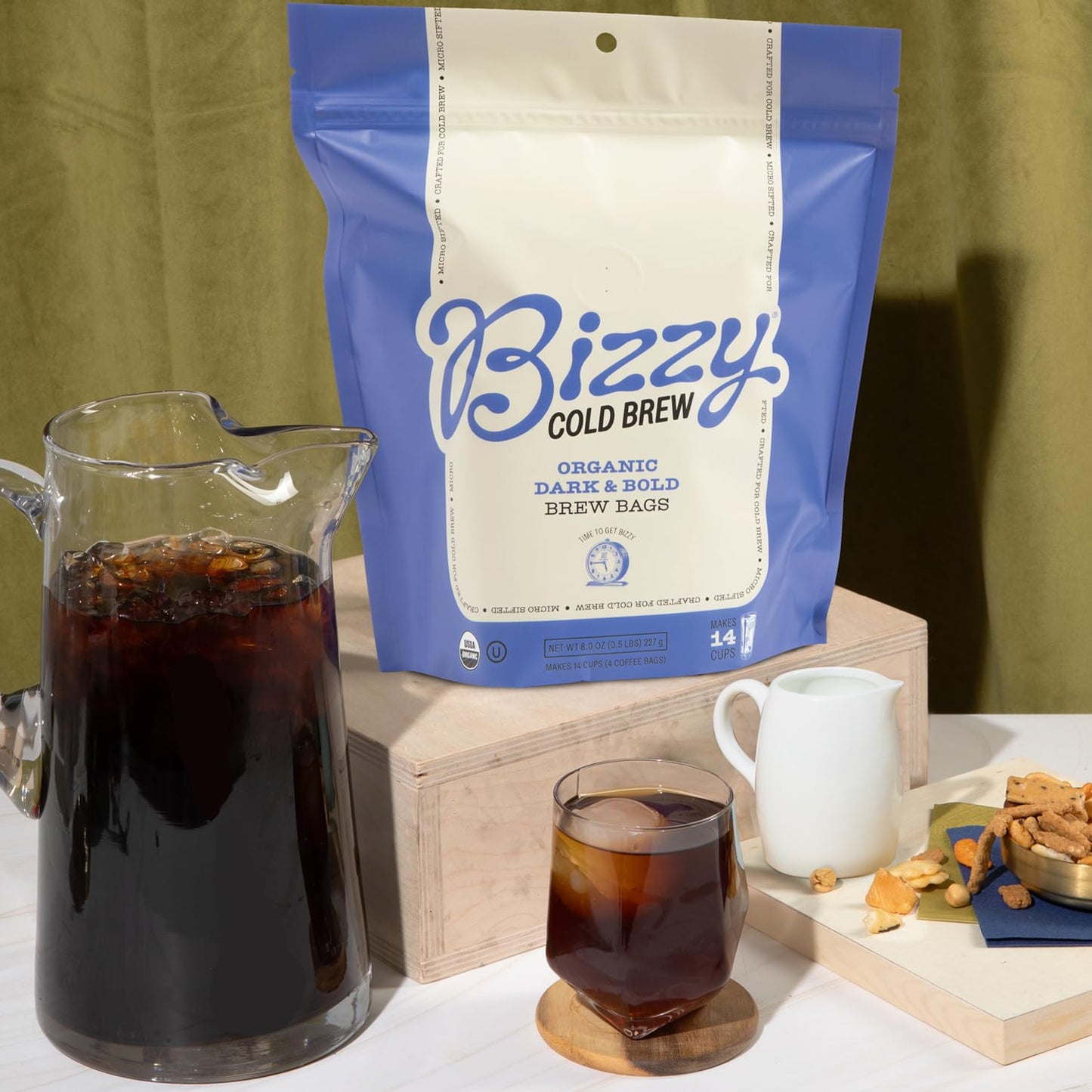 Bizzy Organic Cold Brew Coffee | Dark & Bold Blend | Coarse Ground Coffee | Dark Roast | Micro Sifted | Specialty Grade | 100% Arabica | Brew Bags | 4 Count | Makes 14 Cups