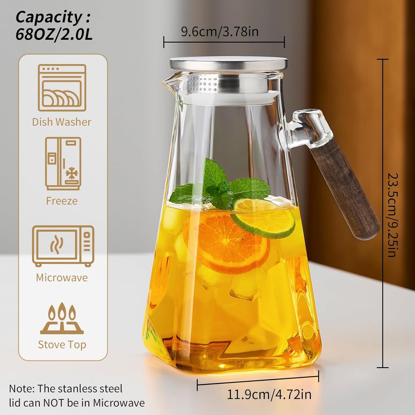 2L Glass Pitcher with Lid and Spout, Water Jug, 68 OZ Carafe for Hot/Cold Water, Large Iced Tea Pitcher for Coffee, Juice and Homemade Beverage