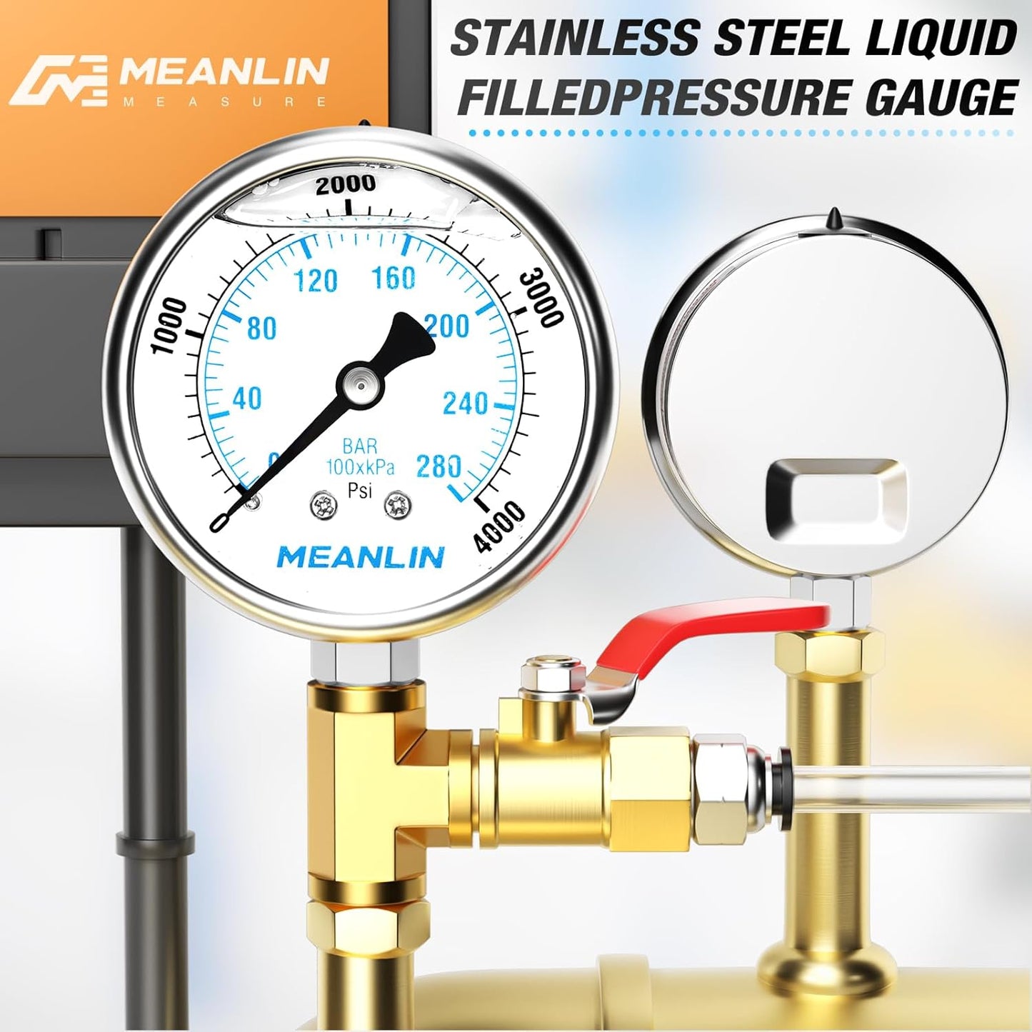 MEANLIN MEASURE 0~4000Psi Liquid Filled Pressure Gauge Stainless Steel with 316 Stainless Steel Joint 1/4" NPT 2.5" FACE DIAL for WOG Water Oil Air Lower Mount