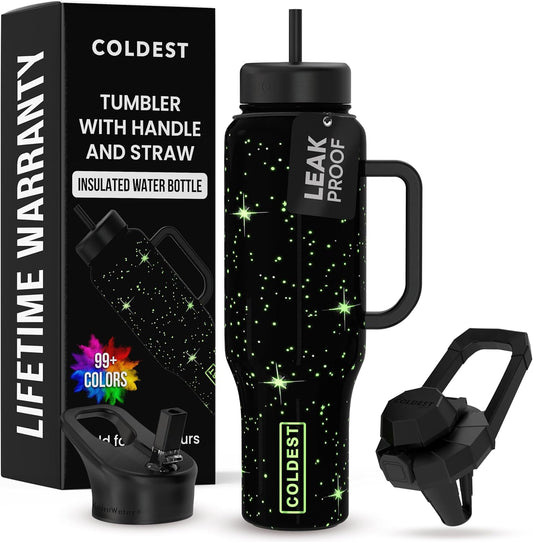 Coldest 40 oz Tumbler with Handle and Straw - 100% Leak Proof Insulated Tumbler with Lid and Straw (3 Lids) - Stainless Steel Tumblers for Women & Men - Cup Holder Friendly Base, 46 oz (Farther Away)