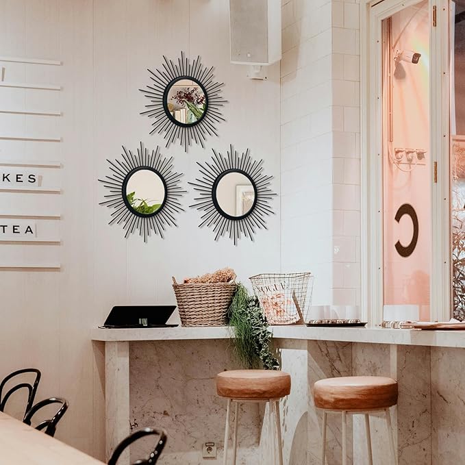 3 Set Black Sunburst Mirrors for Wall Decorative Metal Mirrors Small Mirror - Image 3