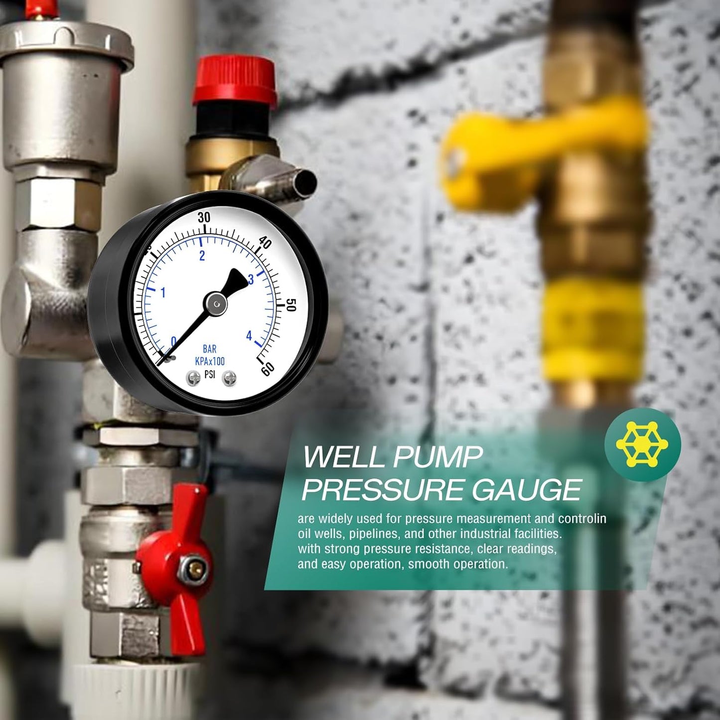 0-60psi Well Pump Pressure Gauge 1/4" NPT 2" Face Dial Size Back Mount, Multifunctional Practical Dry Pressure Gauge, for Water, Oil and Air Compressor