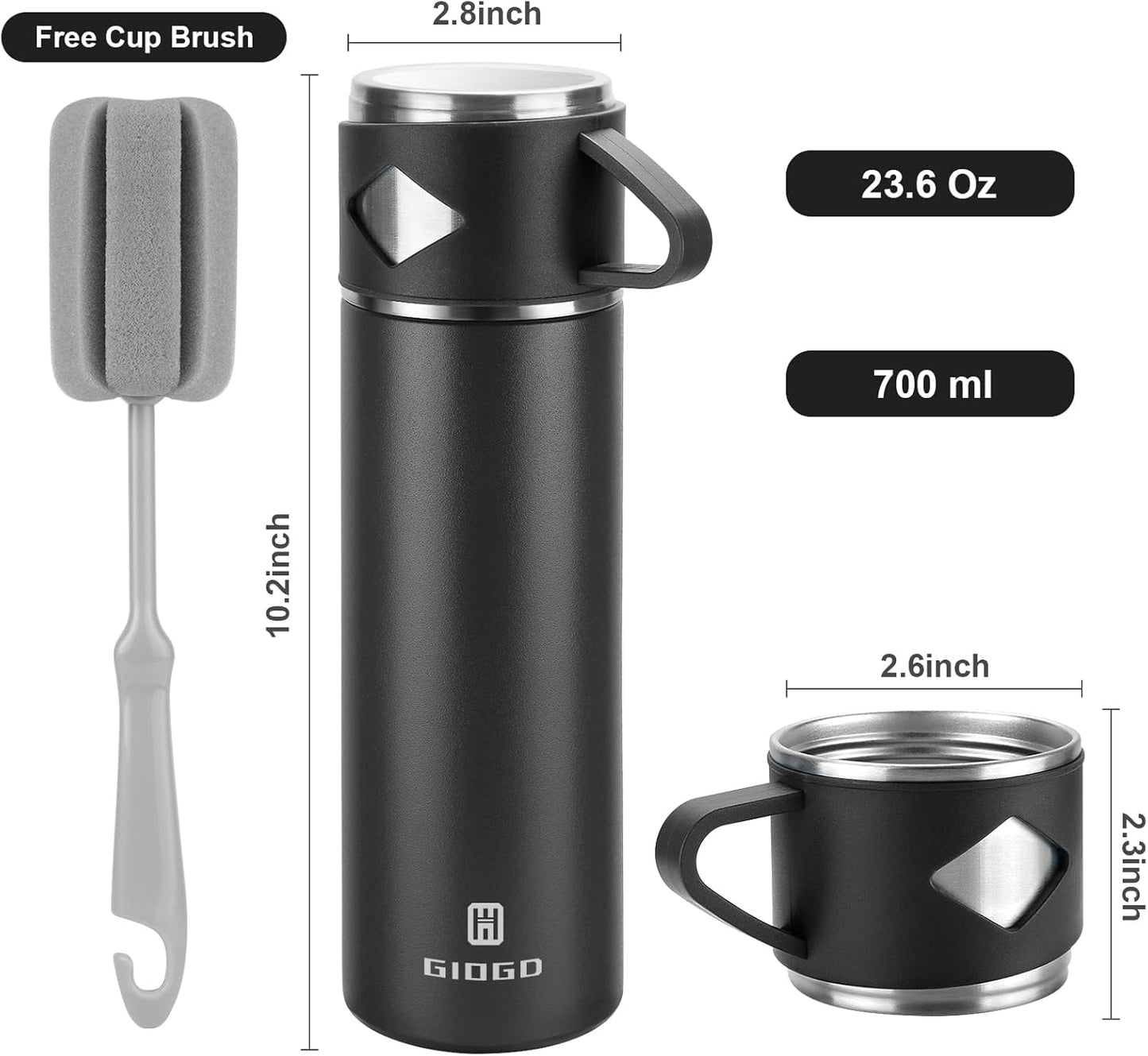 Stainless Steel Thermo 700ml/23.7oz Vacuum Insulated Bottle with Cup for Coffee Hot drink and Cold drink water flask.(Black,Set)