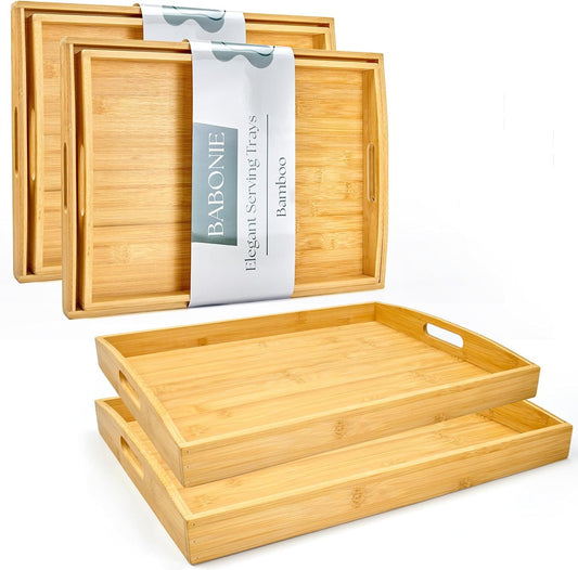 Bamboo Serving Tray with Handles Set of 4 - Decorative Wooden Trays for Eating, Working, and Storing, Suitable for Use in Bedroom, Living Room, Kitchen, Bathroom, Outdoor Scenarios and More