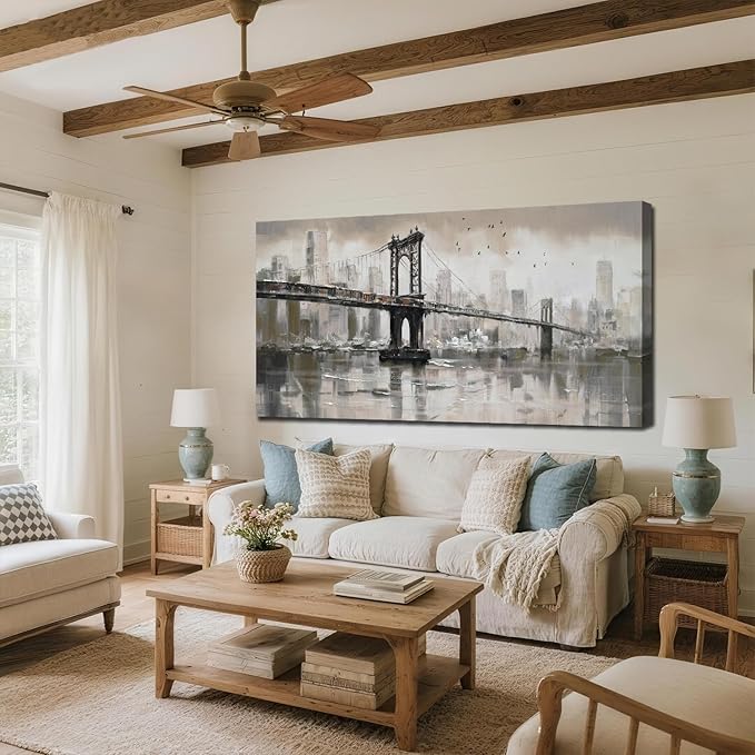 Anolyfi Vintage Brooklyn Bridge Canvas Wall Art Decor, Skylines Cityscapes - Image 5