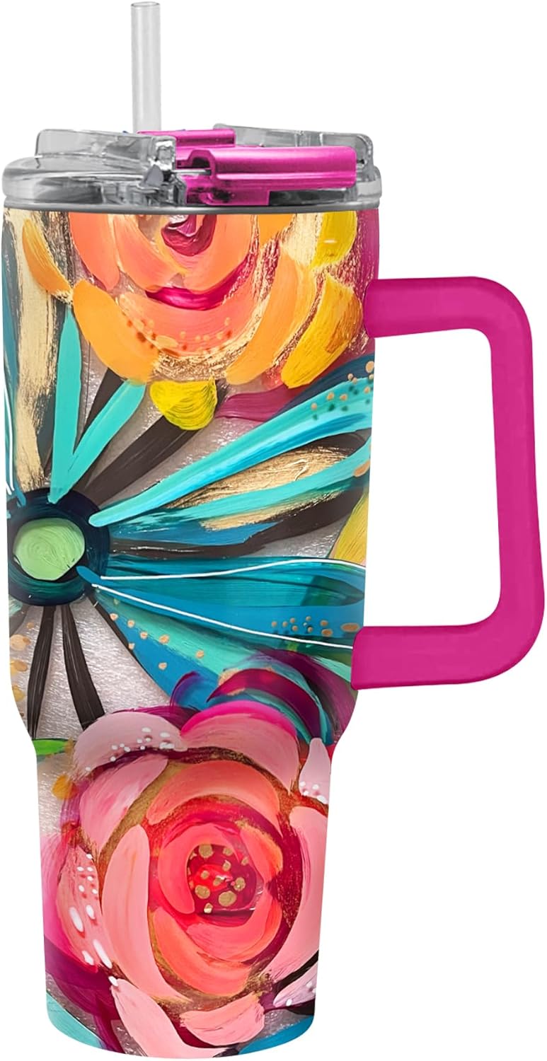 RainCaper 18/8 Stainless Steel Insulated Water Tumbler with Straw | 30oz, BPA-Free, Double Wall for Hot & Cold | Travel-Friendly, Cup Holder Ready (EttaVee Flowers On Glass)