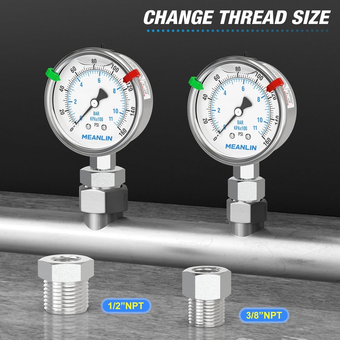 MEANLIN MEASURE 0~160Psi Stainless Steel Liquid Filled Pressure Gauge 2.5"FACE DIAL 1/4"NPT for Air Compressor RV Regulator Water Pressure Tester Lower Mount with Stainless Steel Hex Bushing and Snaps