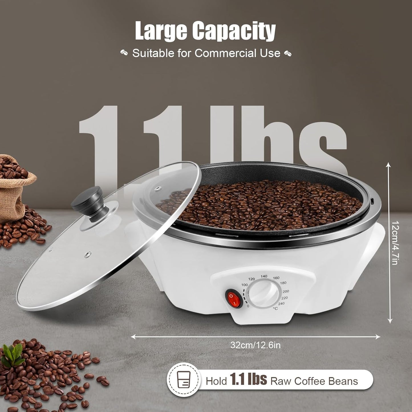 Electric Coffee Roaster, 110V 800W Household Coffee Bean Roasting Baking Machine w/Lid, 500g Capacity(Raw Coffee Beans), 0-240℃ Temperature Adjustment, Non-Stick, for Cafe Shop Home Use