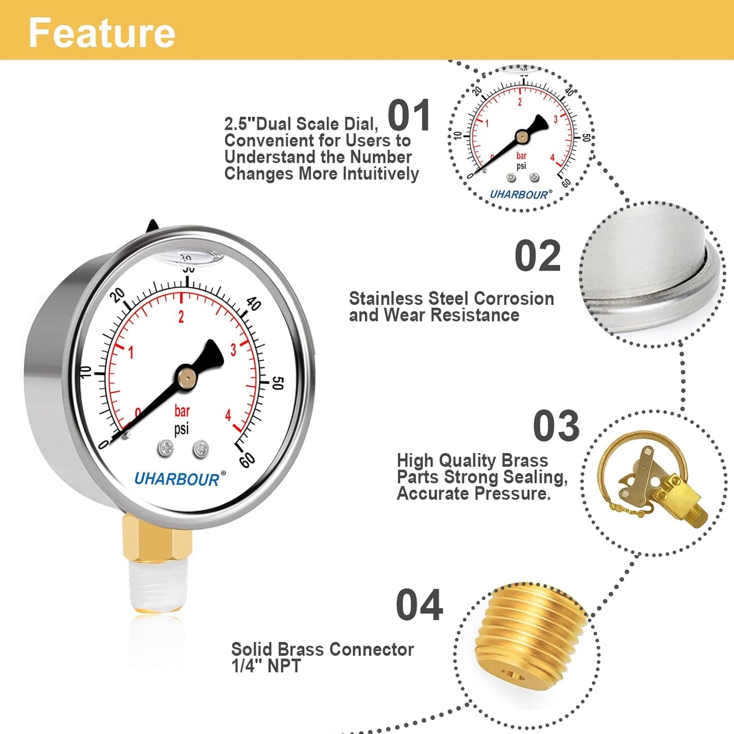 Glycerin Filled Pool Filter Pressure Gauge 60psi/4bar, Stainless Steel Case, Brass Inside Construction, 2-1/2" dial, 1/4" NPT Lower Connection Pre-Wrapped with Teflon Tape