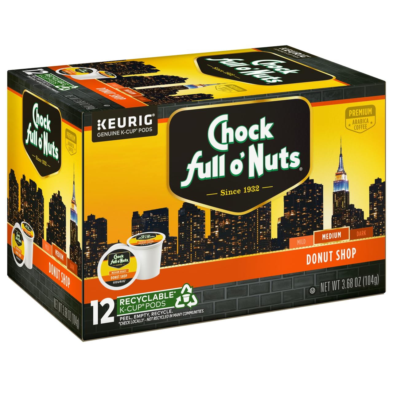 Chock Full o'Nuts Donut Shop Coffee, Compatible with K-Cup Pods, 12 CT (Pack of 3)