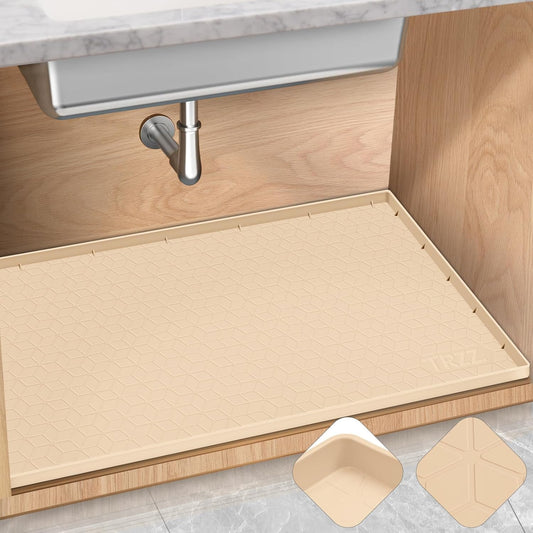 TRZZ Silicone Waterproof Under Sink Mat 22" x 19", Drip Tray and Cabinet Liner for Kitchen and Bathroom, Prevents Water Damage and Organizes Cabinets (Beige)