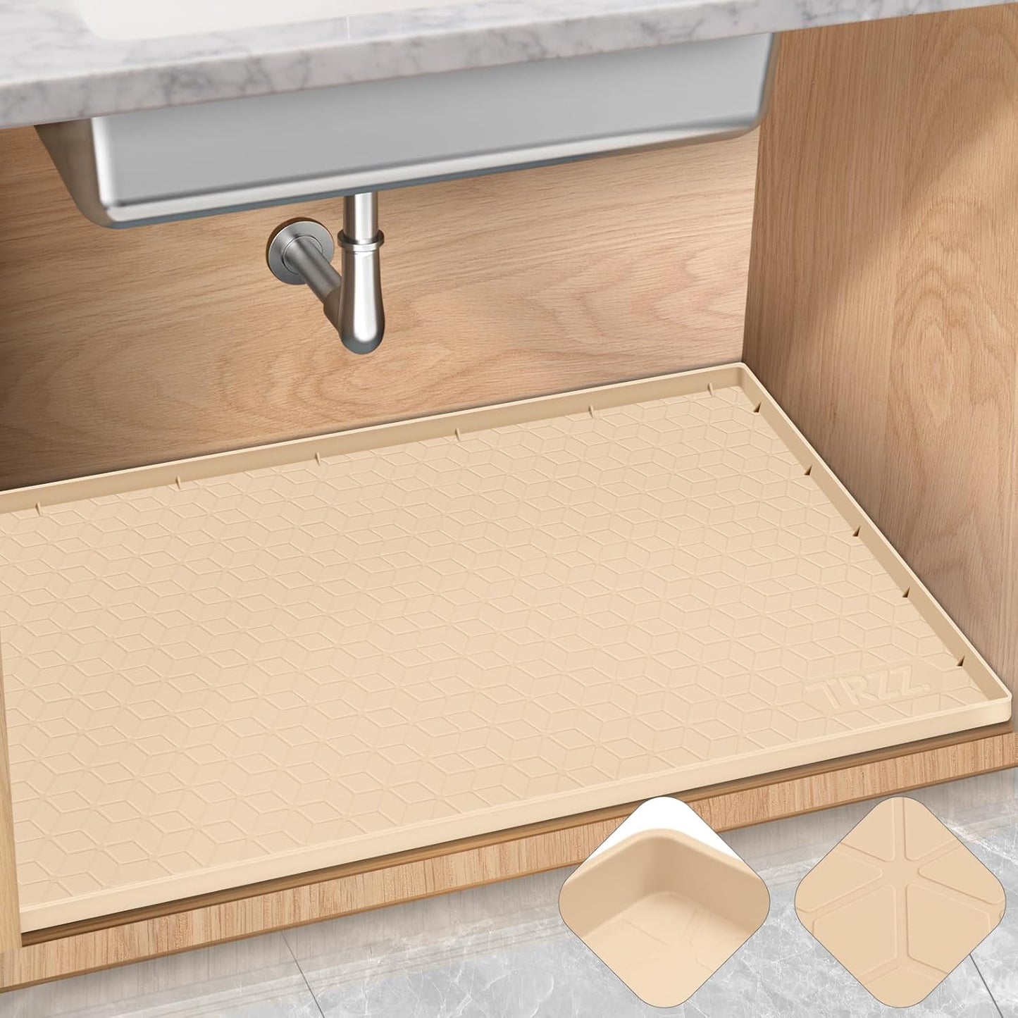 TRZZ Silicone Waterproof Under Sink Mat 34" x 22", Drip Tray and Cabinet Liner for Kitchen and Bathroom, Prevents Water Damage and Organizes Cabinets (Beige)