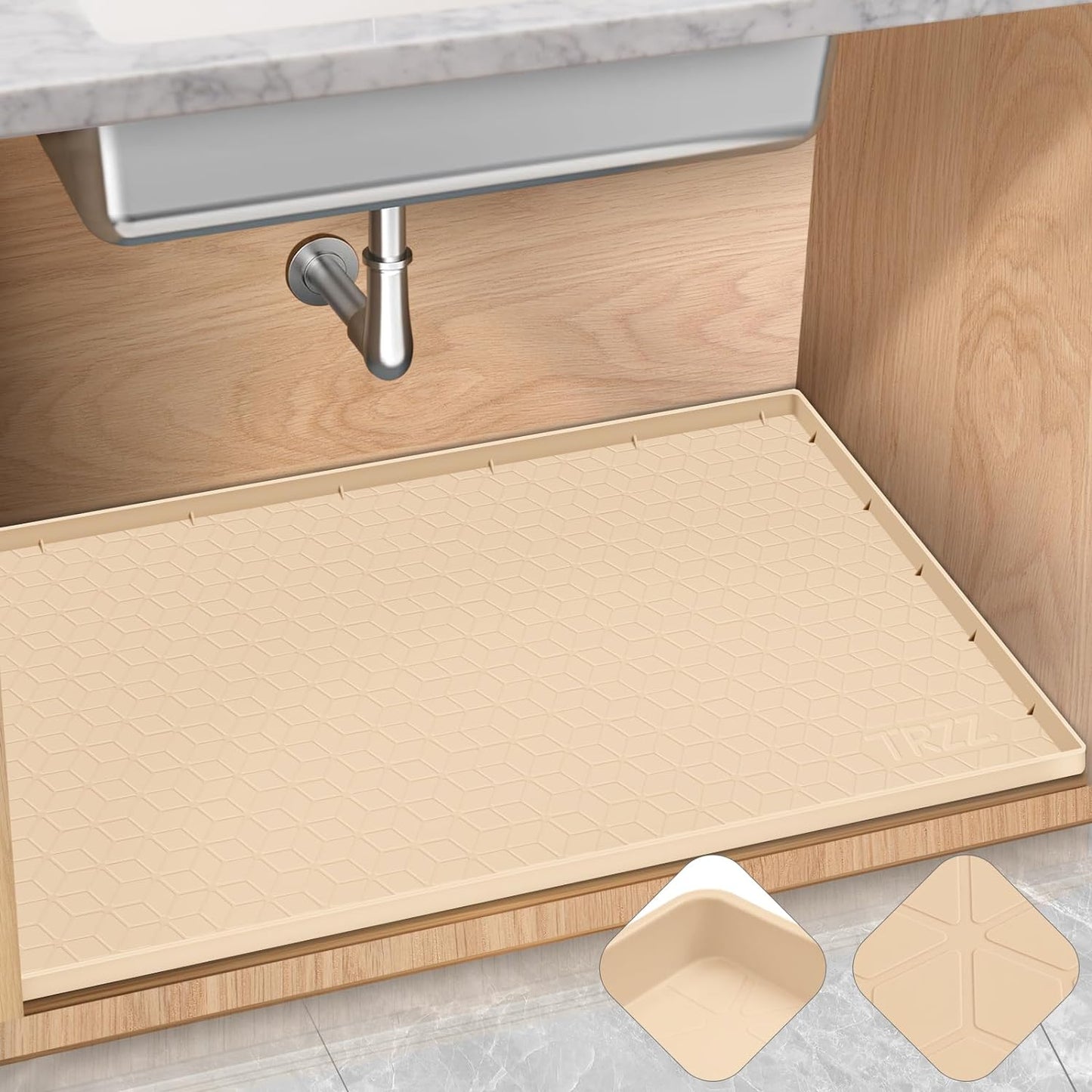TRZZ Silicone Waterproof Under Sink Mat 28" x 22", Drip Tray and Cabinet Liner for Kitchen and Bathroom, Prevents Water Damage and Organizes Cabinets (Beige)