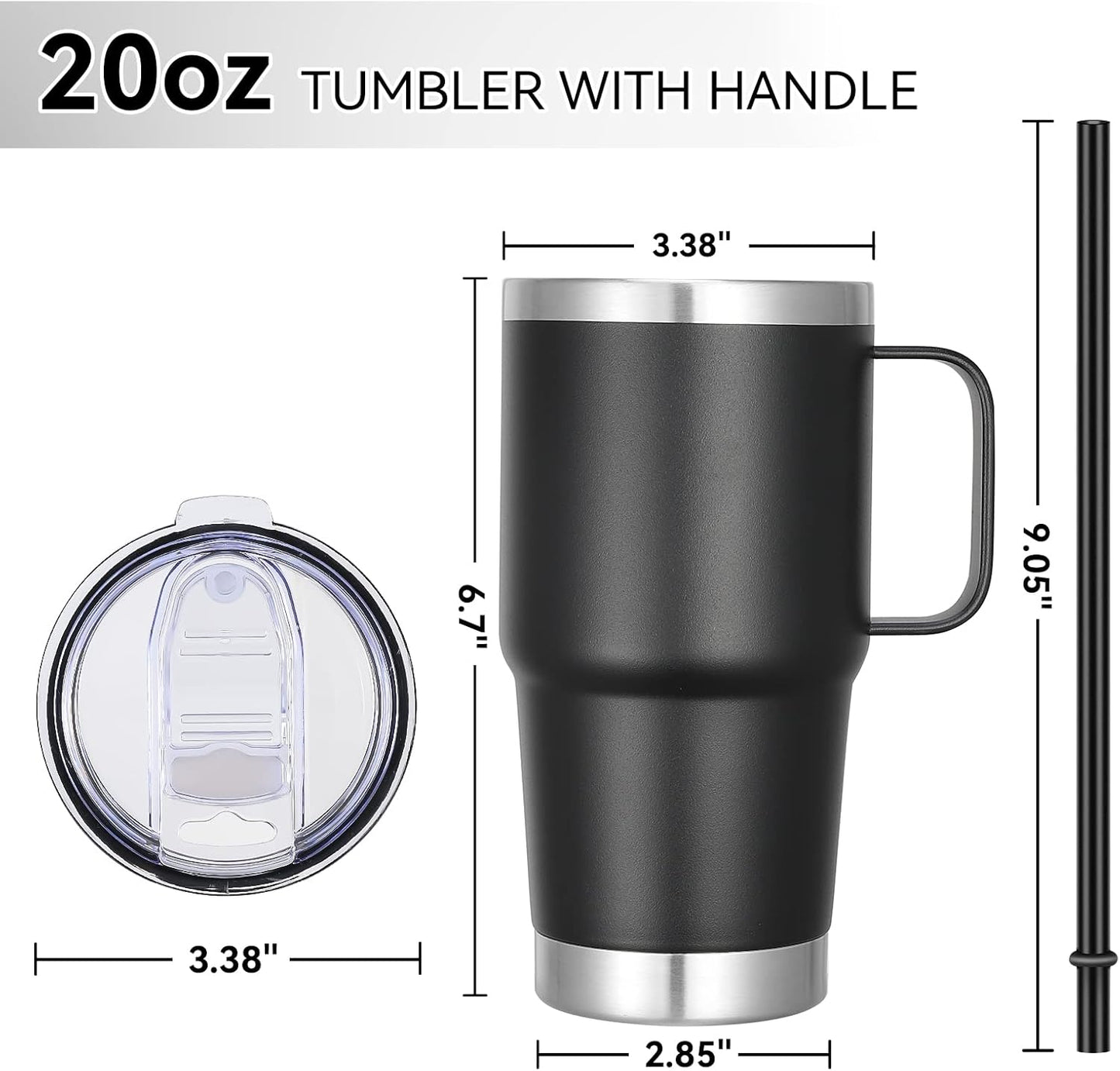 VEGOND 20 oz Tumbler Bulk with Handle Lid and Straw, Stainless Steel Insulated Travel Coffee Mug Set, Spill Proof Double Wall Metal Tumblers Cups, Powder Black 12 Pack