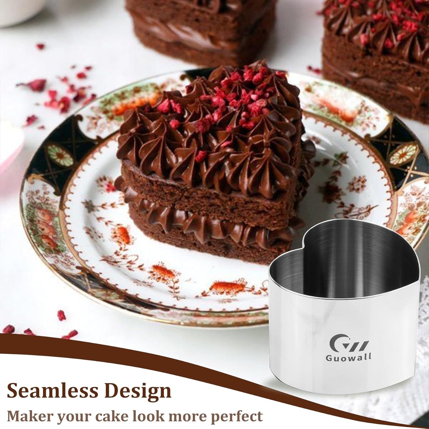 Guowall Heart Shaped Seamless Cake Ring, 3 inch Mousse Mold for Baking, Nonstick Stainless Steel Heart Dessert Mould Set, Includes 1 lifter, 1 pusher and 6 rings