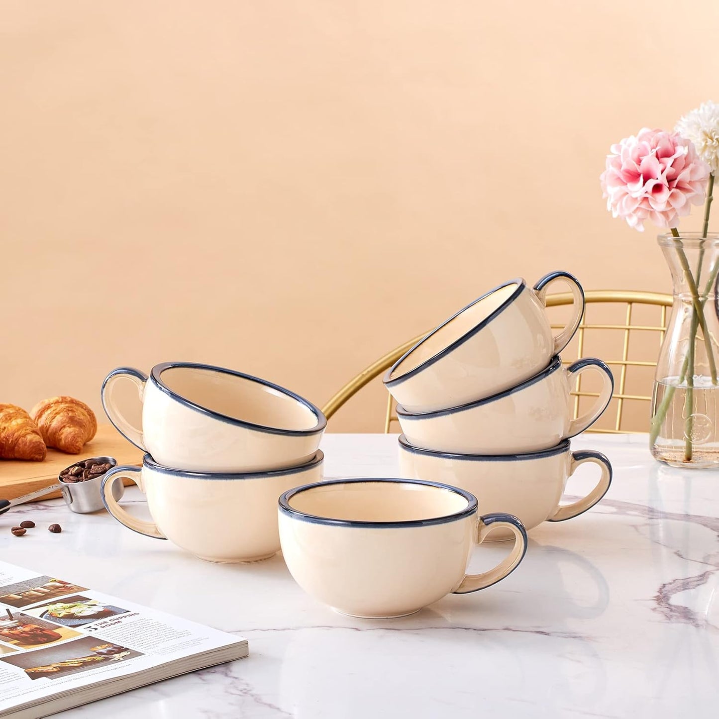 Set of 6 Cups Vintage Design 12 oz Professional Barista Ceramic Latte Art Cappuccino Cups Set (Beige * 6)