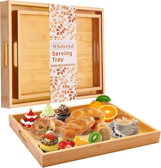 Wooden Serving Tray with Handles Bamboo Decorative Large Coffee Table Food Trays for Breakfast Dinner Restaurants Party or Home Decor Outdoor Scenarios 2 Packs