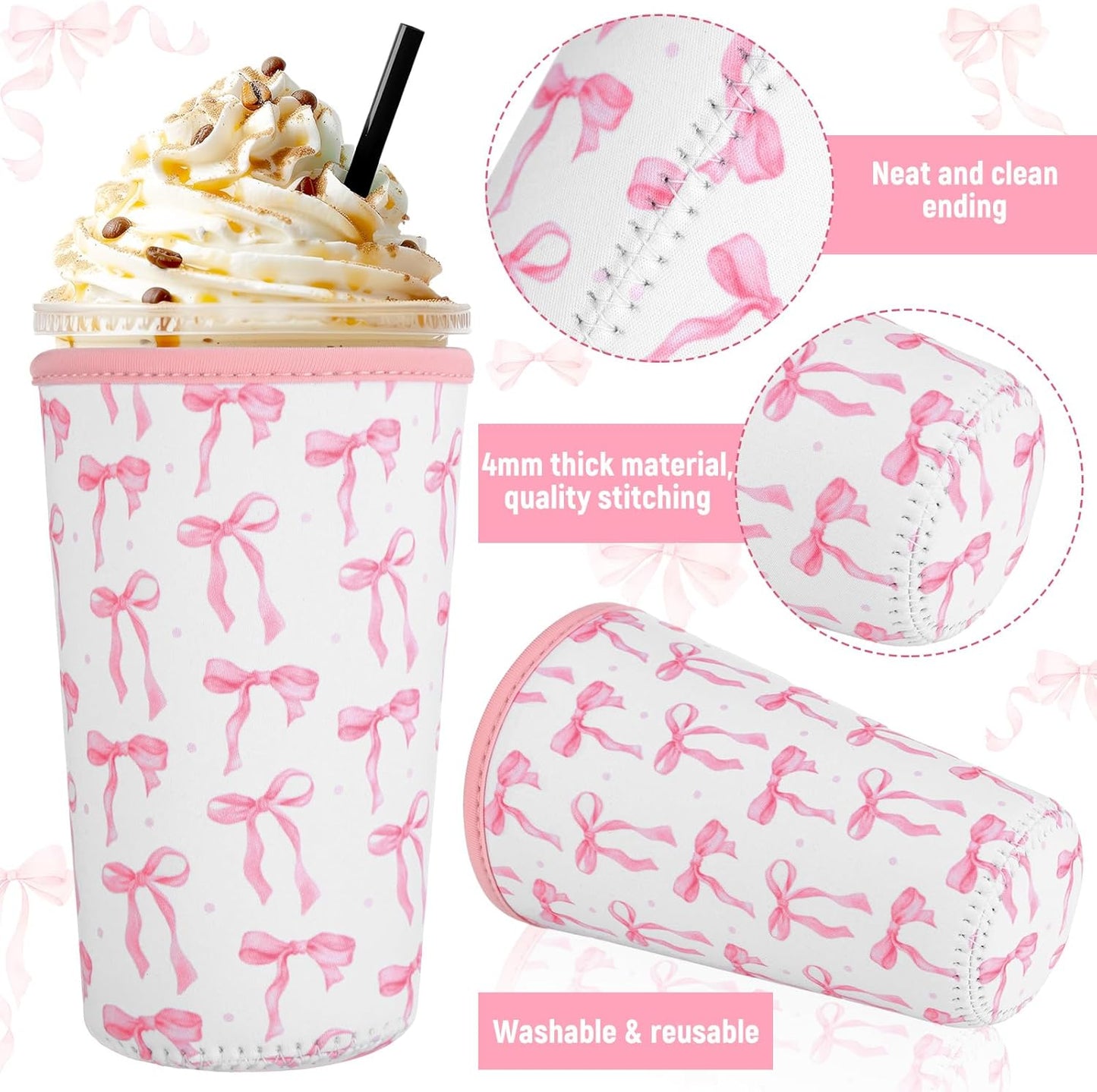 8 Pcs Reusable Sleeves for Iced Coffee Cup Pink Bow Cup Coolie Coquette Bow Reusable Coffee Insulator Sleeves Neoprene Insulated Holder for Iced & Hot Drinks, 22-24 oz