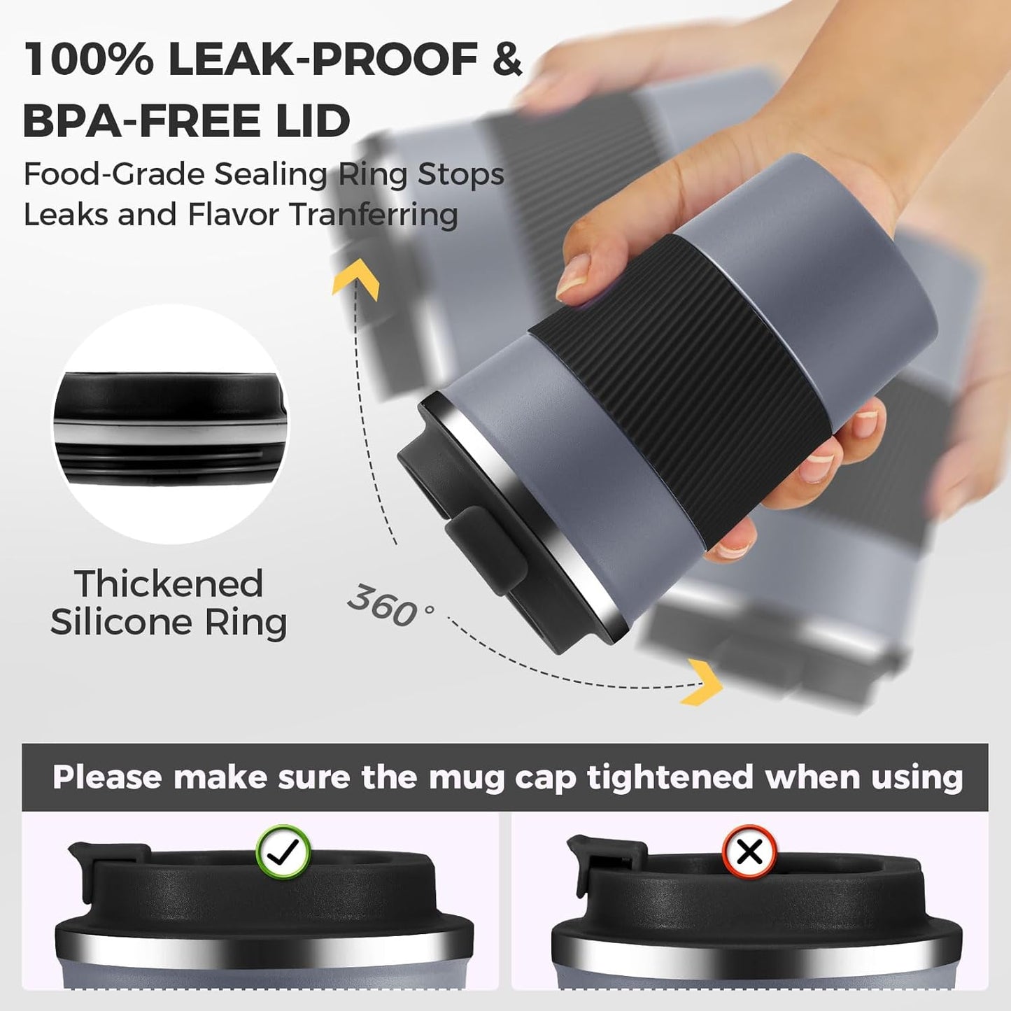 Volhoply 13 oz Stainless Steel Insulated Travel Coffee Mug with Fip Lid Bulk 4 Pack,Reusable Double Wall Vacuum Metal Coffee Cup,Portable Leak Proof Thermal Tumbler for Hot & Cold Drinks(Gray,4)