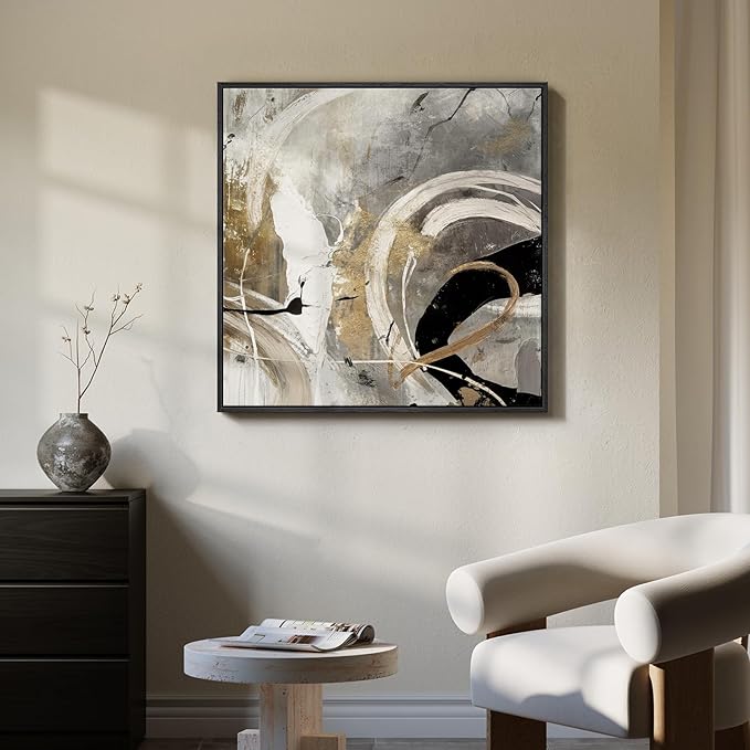 Framed Neutral Abstract Wall Art, Modern Gray Black Gold Canvas Prints Artwork - Image 3