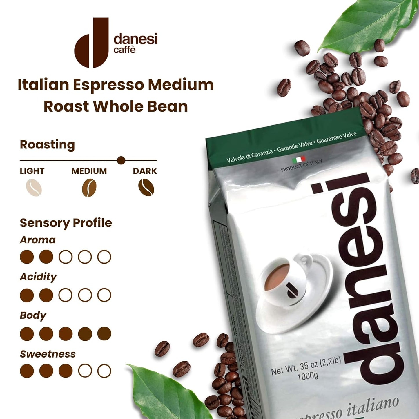 Danesi Caffe Italian Whole Coffee Beans - Espresso Coffee Beans and Medium Roast Whole Bean - Perfect for Espresso Machines, French Press, and Home Brewing - Emerald (4.5 lb)